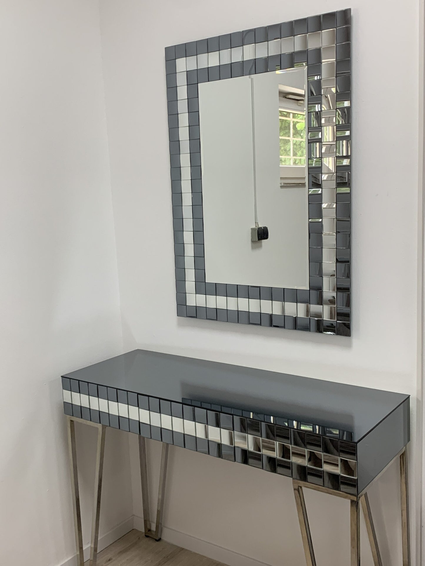 Coiffeuse, coiffeuse, meuble de couloir, commode en verre, miroir