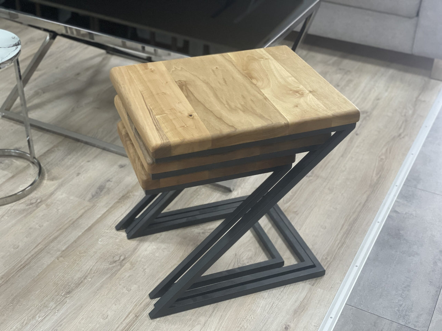 MASSIV HOLZ BEISTELLTISCH COUCHTISCH 3-ER SET INDUSTRIAL DESIGN TISCHE