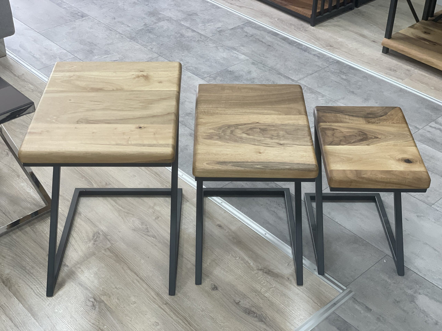 MASSIV HOLZ BEISTELLTISCH COUCHTISCH 3-ER SET INDUSTRIAL DESIGN TISCHE