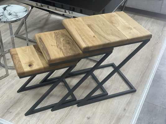 MASSIV HOLZ BEISTELLTISCH COUCHTISCH 3-ER SET INDUSTRIAL DESIGN TISCHE