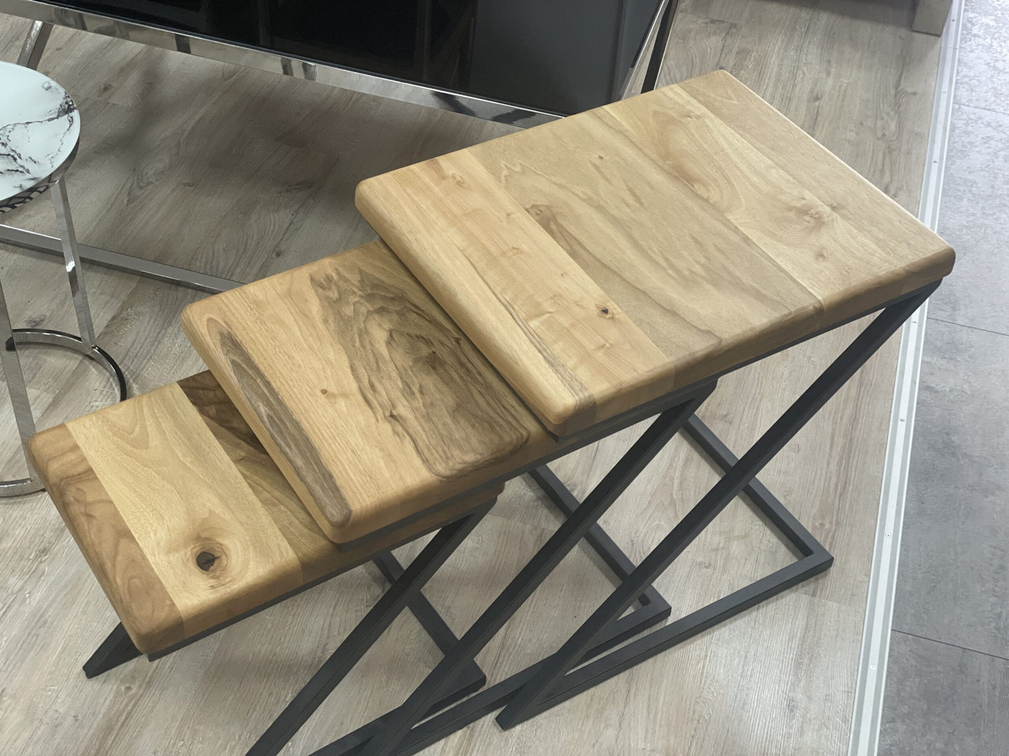 MASSIV HOLZ BEISTELLTISCH COUCHTISCH 3-ER SET INDUSTRIAL DESIGN TISCHE