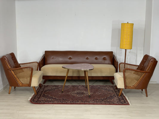 MID CENTURY COUCHGARNITUR SOFAGARNITUR COUCH SOFA 3-SITZER UND 2X SESSEL VINTAGE