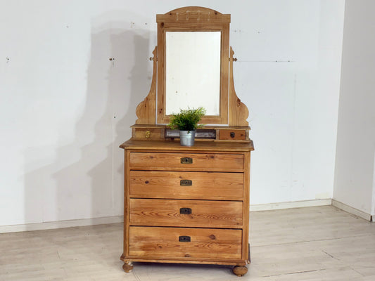 Antike Kiefernholz - Frisierkommode mit Spiegelaufsatz / spät Biedermeier um 1900