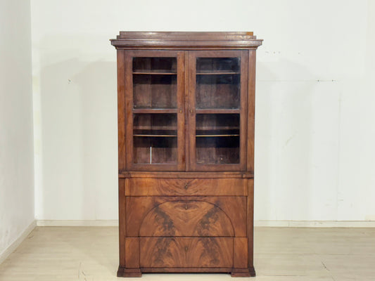Antiker Biedermeier-Aufsatzschrank aus Nussbaum / Vitrinenschrank / Gründerzeit