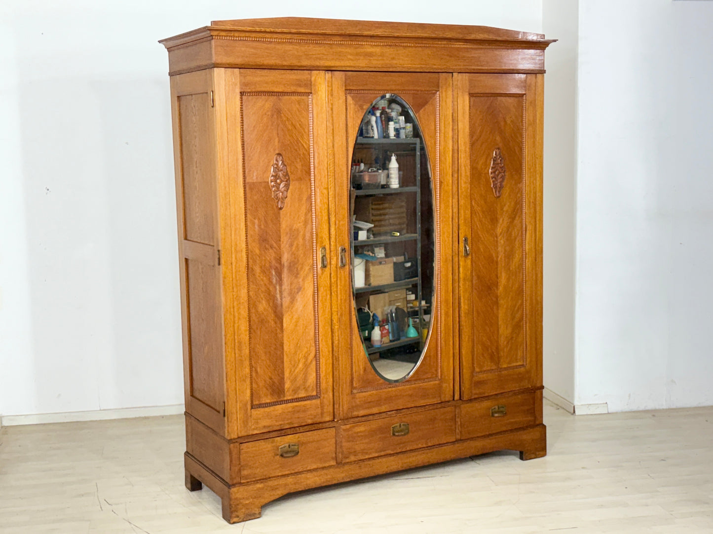 Jugendstil Kleiderschrank| Wäscheschrank| Eiche um 1920 mit Spiegel | German Design